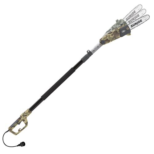 Side view of the Sun Joe 8-amp 10-inch Electric Multi-Angle Camo-pattern Pole Chain Saw with motion blue showing the adjustable head.