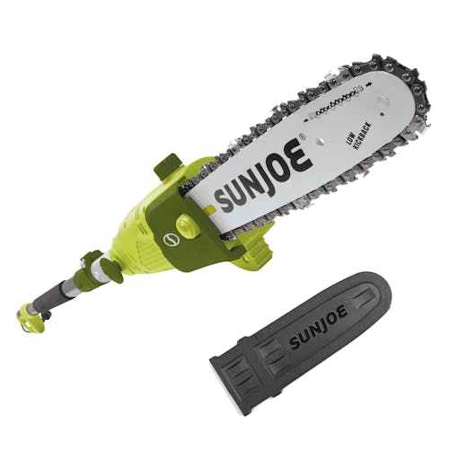 Sun Joe 8-amp 10-inch Electric Multi-Angle Pole Chain Saw with blade cover.
