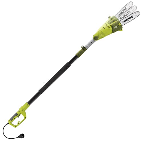 Side view of the Sun Joe 8-amp 10-inch Electric Multi-Angle Pole Chain Saw with motion blur showing the adjustable head.