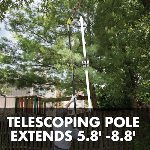 Telescoping pole extends 5.8 feet to 8.8 feet.