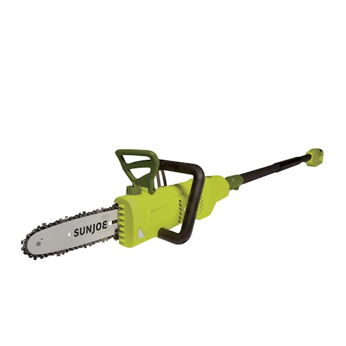 Angled view of the Sun Joe 6-amp 8-inch Electric Convertible Pole Chain Saw.