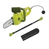 Sun Joe 8-amp 8-inch Electric Convertible Pole Chain Saw with pole and blade cover.