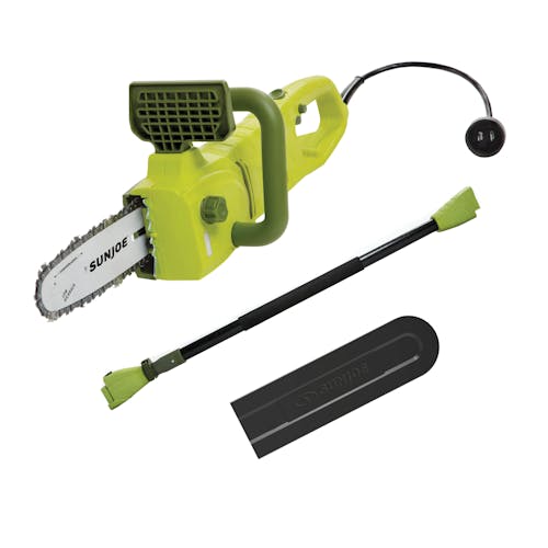 Sun Joe 8-amp 8-inch Electric Convertible Pole Chain Saw with pole and blade cover.