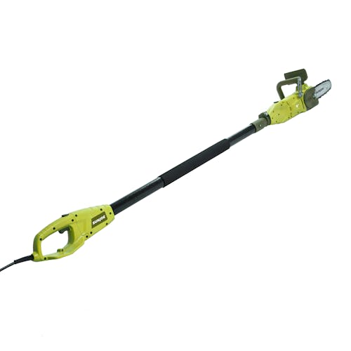 Rear-angled view of the Sun Joe 8-amp 8-inch Electric Convertible Pole Chain Saw.