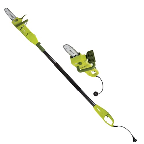 Two Sun Joe 8-amp 8-inch Electric Convertible Pole Chain Saws with and without the pole.