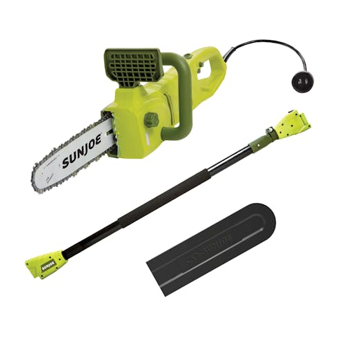 Sun Joe 8-amp 10-inch Electric Convertible Pole Chain Saw with pole and blade cover.