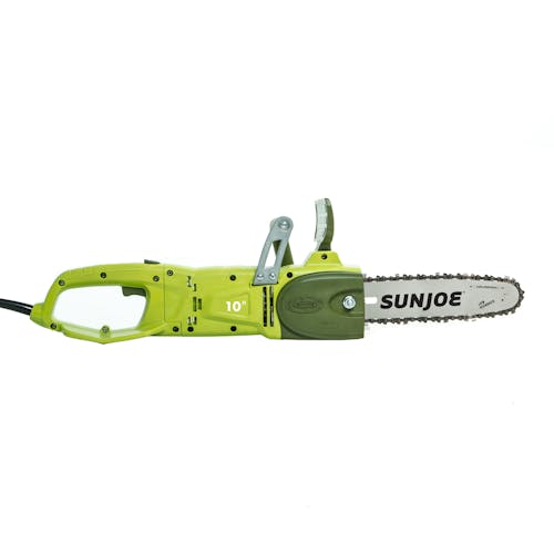 Right-side view of the Sun Joe 8-amp 10-inch Electric Convertible Pole Chain Saw without the pole.