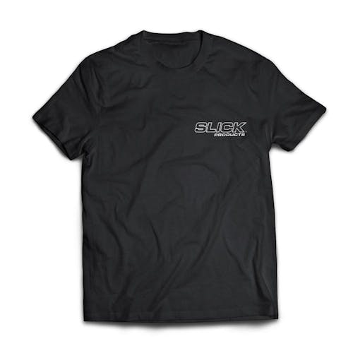 Slick Products Black Classic Tee. The brand name is in the pocket area on the front.