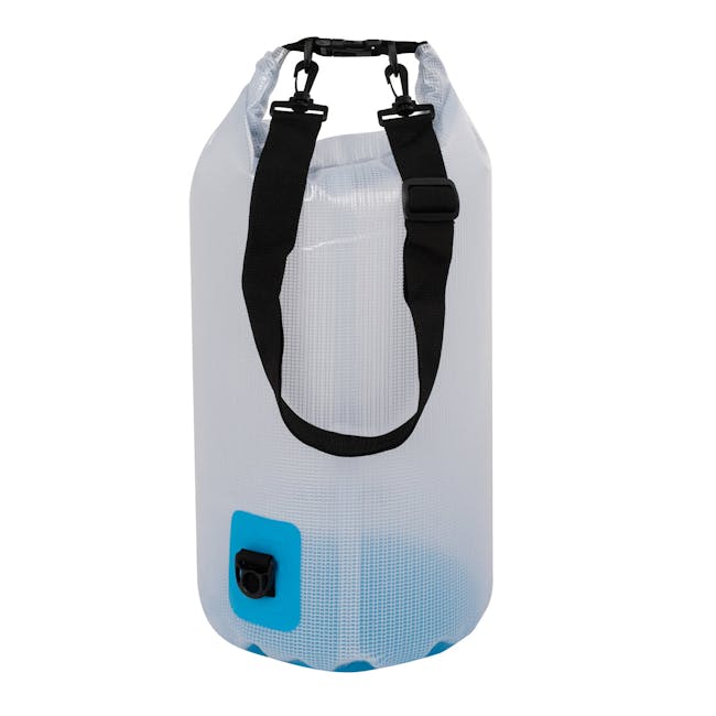 TrailGear 20-liter sky blue transparent dry bag.