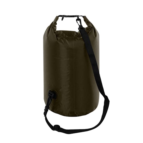 View of the shoulder strap on the TrailGear 10-liter heavy-duty olive dry bag.