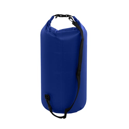 View of the shoulder strap on the TrailGear 20-liter heavy-duty blue dry bag.