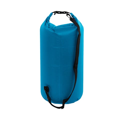 View of the shoulder strap on the TrailGear 20-liter heavy-duty sky blue dry bag.
