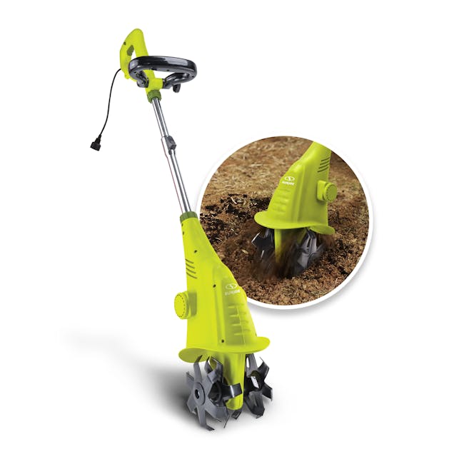 Sun Joe electric tiller and cultivator with inset image of product in use
