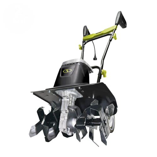 Angled view of the Sun Joe 13.5-amp 16-inch Elite Electric Tiller and Cultivator.
