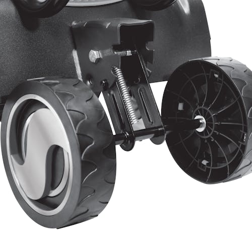 Close-up of the wheels with 3 adjustment positions on the Sun Joe 13.5-amp 16-inch Elite Electric Tiller and Cultivator.