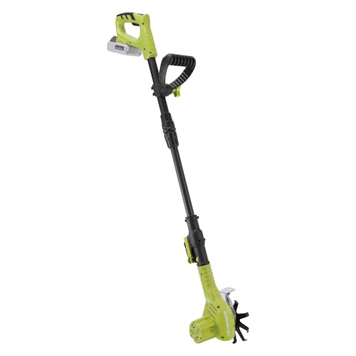 Angled view of the Sun Joe 24-Volt Cordless Telescoping Weeder and Cultivator Kit.