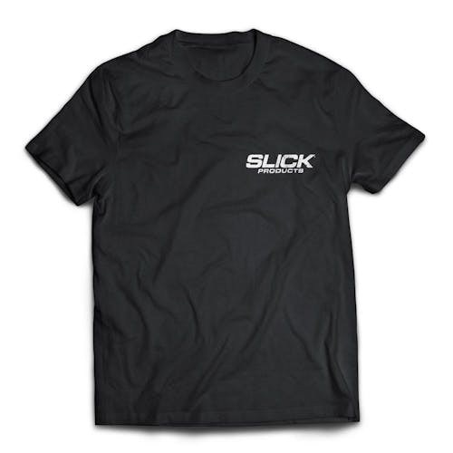 Slick Products Black Twin Tee. The brand name is in the pocket area on the front.