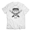 Slick Products White Twin Tee. Twin shock absorbers and a vintage-style racing helmet is large on the back while the brand name is smaller under it.