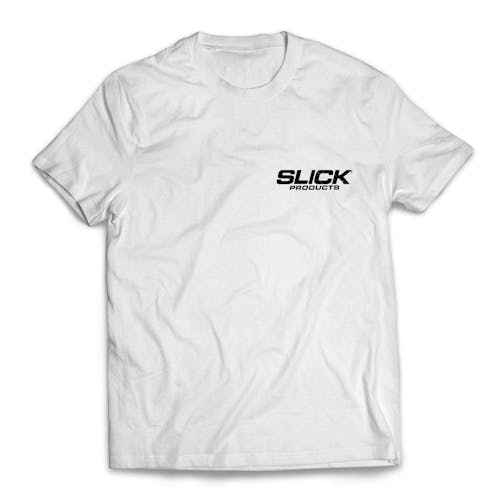 Slick Products White Twin Tee. The brand name is in the pcoket area on the front.