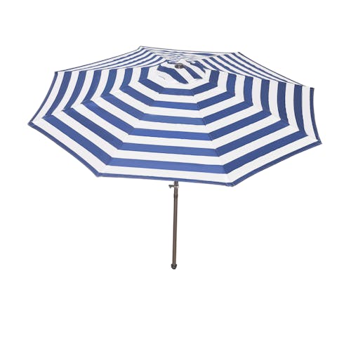 Top view of the 9-foot blue and white striped patio umbrella.