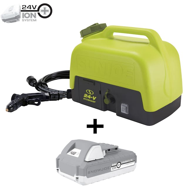 Sun Joe Cordless Go-Anywhere Portable Sink and Shower Spray Washer plus a 2.0-Ah battery.