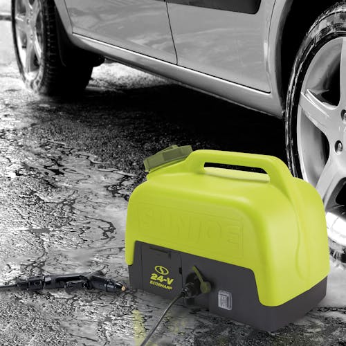 Sun Joe Cordless Go-Anywhere Portable Sink and Shower Spray Washer next to a cleaned car.