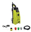 Sun Joe 10.5-amp 1500 PSI Electric Pressure Washer with quick-connect nozzles, high-pressure hose, plug, and needle clean-out tool.