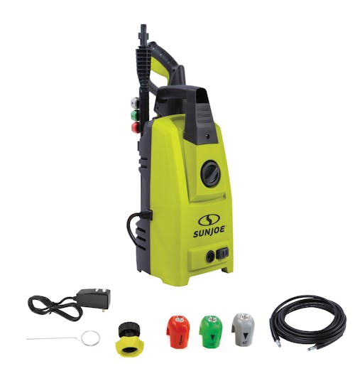 Sun Joe 10.5-amp 1500 PSI Electric Pressure Washer with quick-connect nozzles, high-pressure hose, plug, and needle clean-out tool.