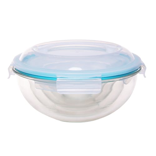 EatNeat 10-Piece Set of 5 Round Glass Storage Bowls with airtight locking lids all condensed inside the big bowl.