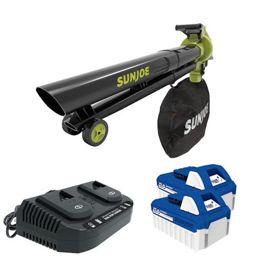 Sun Joe 48-volt cordless leaf blower, vacuum, mulcher with wheels with two 4.0-Ah lithium-ion batteries and dual-port quick charger.