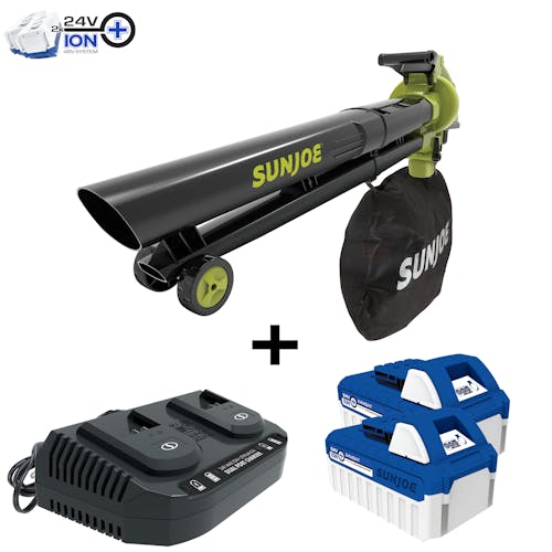 Sun Joe 48-volt cordless leaf blower, vacuum, mulcher with wheels plus two 4.0-Ah lithium-ion batteries and dual-port quick charger.