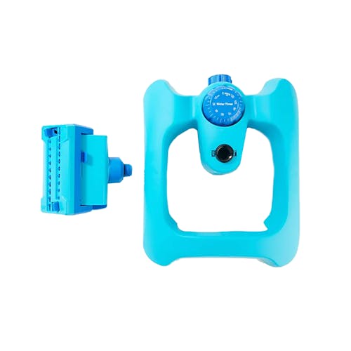 Aqua Joe 20-nozzle Adjustable Gear Driven Oscillating Sprinkler with head and base unconnected.
