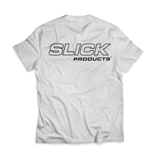 Slick Products White Classic Tee. The brand name is large on the back.