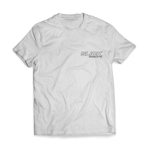 Slick Products White Classic Tee. The brand name is in the pocket area on the front.