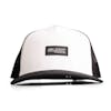 Front view of the Slick Products one-size-fits-all black and white micro snapback hat.
