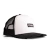 Left-angled view of the Slick Products one-size-fits-all black and white micro snapback hat.