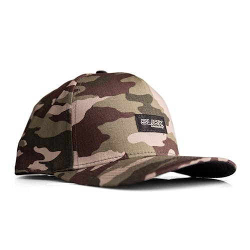 Left-angled view of the Slick Products One-size-fits-all camo snapback hat.