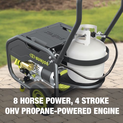 8 horse power, 4 stroke OHV propane powered engine.