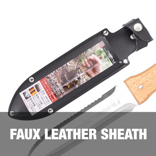 Faux leather sheath.