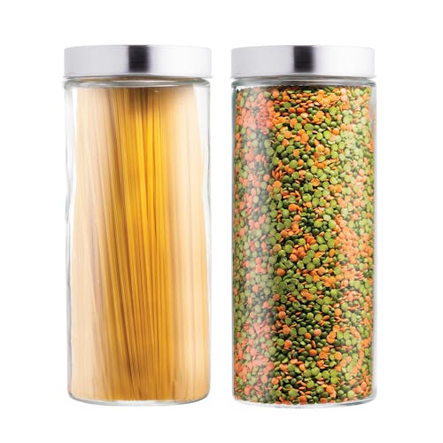 EatNeat Set of 2 72-ounce Large Glass Food Storage Containers with stainless steel lids filled with different foods.