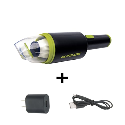 Auto Joe Cordless 8.4-Volt Handheld Vacuum Cleaner with USB cord and charger adapter.