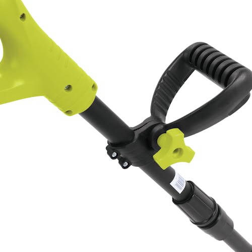 Close-up of the handle on the Sun Joe 24-Volt cordless weed sweeper kit.