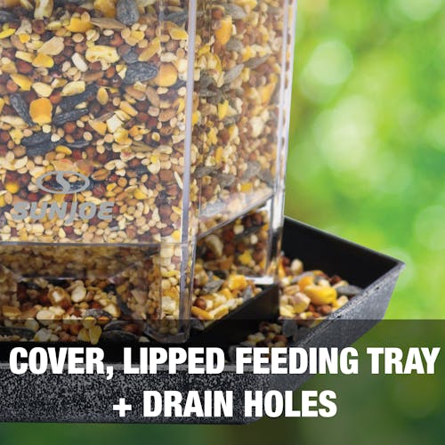 Cover, lipped feeding tray, and drain holes.
