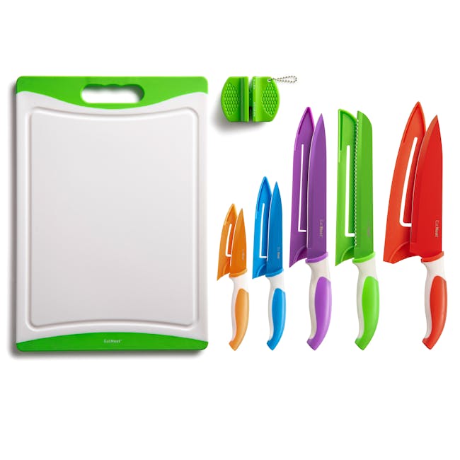 EatNeat 12-Piece Multi-Color Kitchen Knife Set with 5 knives and blade covers, a cutting board, and knife sharpener.