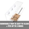 Removable tray is easy to clean and fits up to 2 mixes.