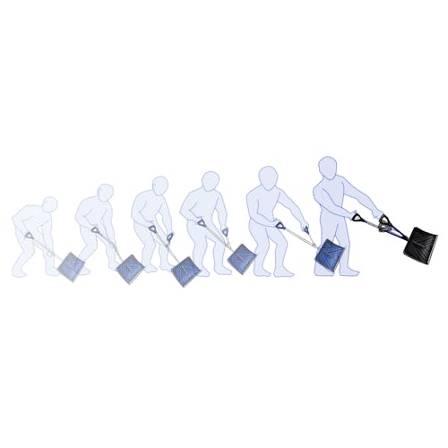 image detailing how the shovelution allows a person to straighten their back as they shovel compared to a conventional snow shovel