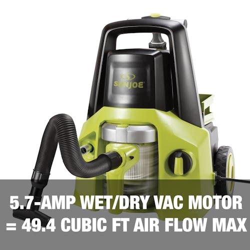 5.7 amp wet/dry vacuum motor with 49.4 cubic feet air flow max.
