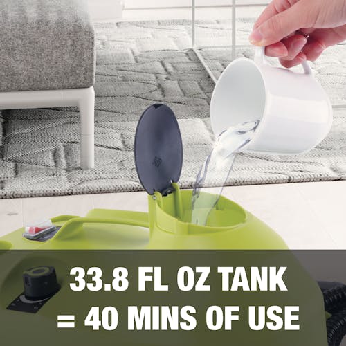 33.8 fluid ounce tank give 40 minutes of use.