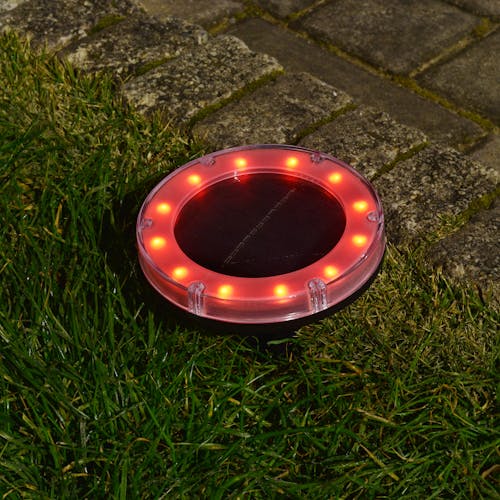 Plastic Disc Pathway Light staked in the ground with the red light.