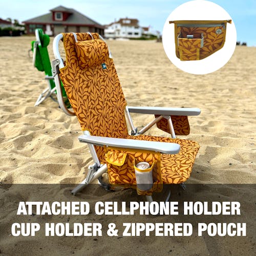 Attached cellphone holder, cup holder, and zippered pouch.